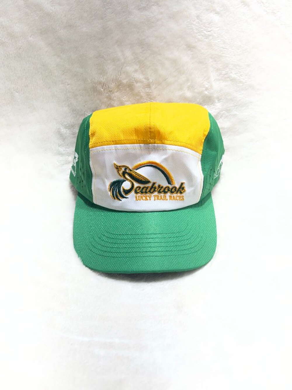 Seabrook Lucky Trail Races Running Cap Green Yellow White Strapback Performance